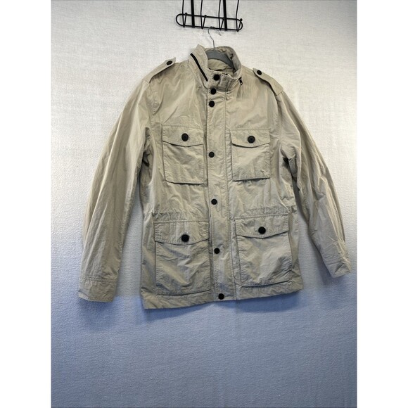H&M Mens Coat Med Khaki Multi Pocket Button Jacket Hidden Hood Windbreaker *spot - Picture 1 of 15